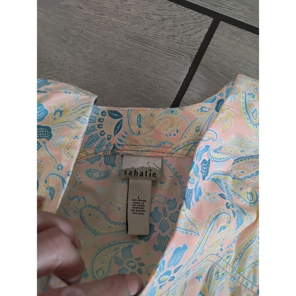 Sahalie Womens Large Pink Blue Paisley Nylon Sleeveless Cargo Pocket Shift Dress - Picture 2 of 5